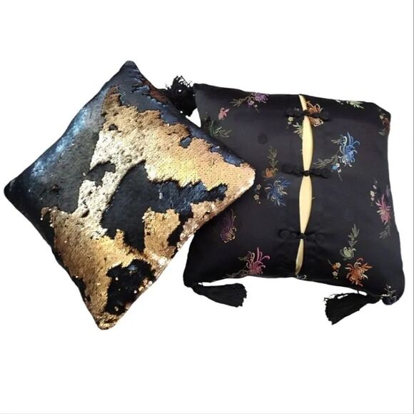 Y2K 2 Square Decor Accent Pillows Black Gold Metallic Sequins Floral - Picture 1 of 17